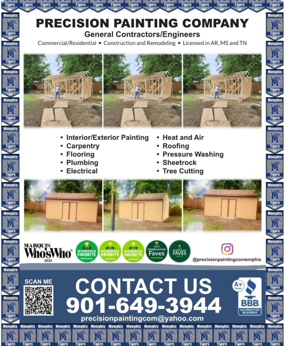 precisionpaintc's tweet image. &quot;TIGER NATION, THIS IS FOR YOU AND @uofmemphis AND THE @MemphisAlumni.&quot;  &quot;OUR COMPANY, @precisionpaintc, APPEARS ON THE UOFM CORPORATE WEBSITE, GIVING CONSTRUCTION DISCOUNTS, TO ALL OF YOU.&quot; &quot;CALL TERRY TODAY AT (901)649-3944.&quot; @Iam1Cent