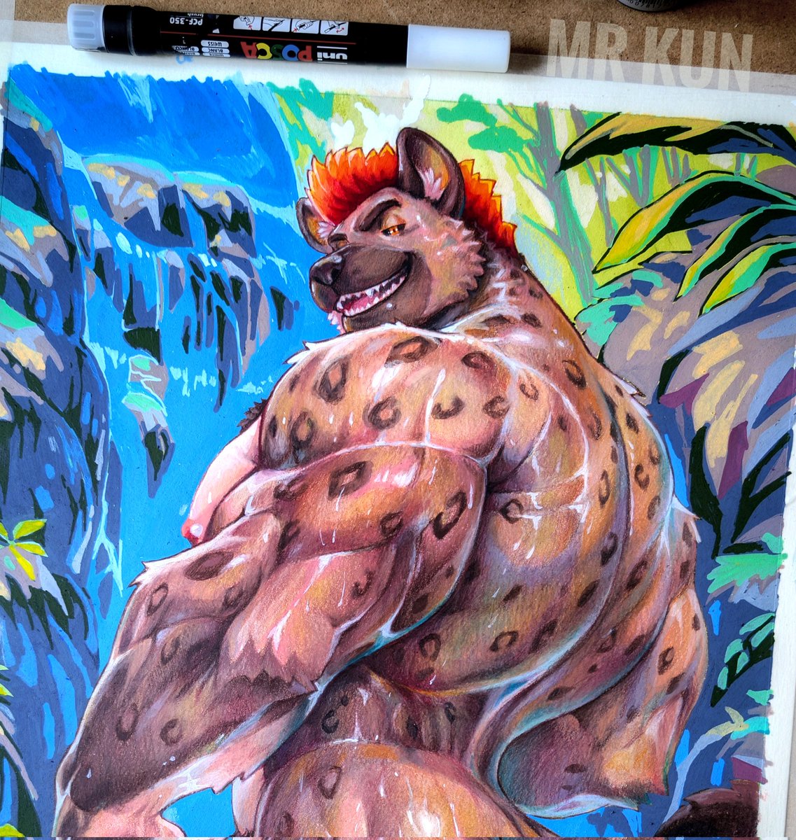 themrkun's tweet image. Background work! Came up with a way to work on it using acrylic markers as the base. Will be drawing on top of them in the next stage ✍🏼
#muscle #furry #painting