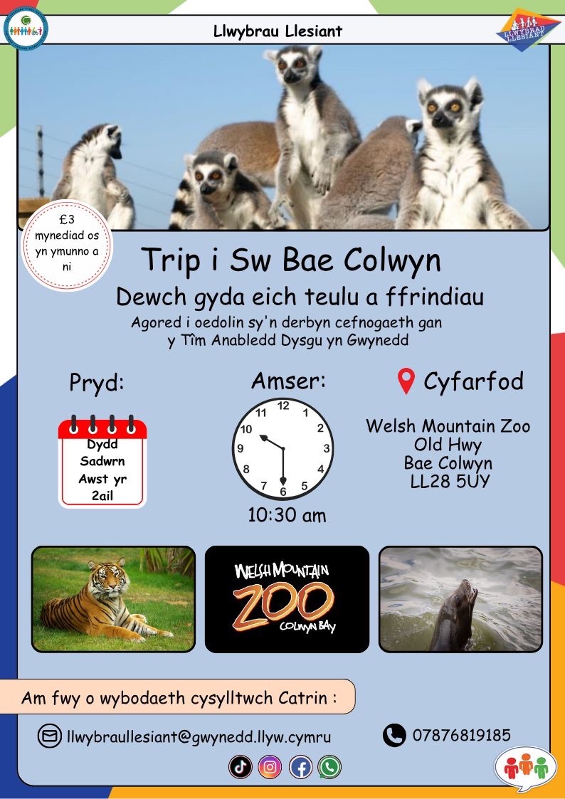 Mantell Gwynedd (@mantellgwynedd) on Twitter photo Trip i Sw Bae Colwyn, dewch gyda eich teulu a ffrindiau
Agored i oedolion sy’n derbyn cefnogaeth gan y Tîm Anabledd Dysgu yn Gwynedd
<a href="/LlwybrauLl/">Llwybrau Llesiant</a> #ColwynBayZoo Trip i Sw Bae Colwyn, dewch gyda eich teulu a ffrindiau
Agored i oedolion sy’n derbyn cefnogaeth gan y Tîm Anabledd Dysgu yn Gwynedd
<a href="/LlwybrauLl/">Llwybrau Llesiant</a> #ColwynBayZoo