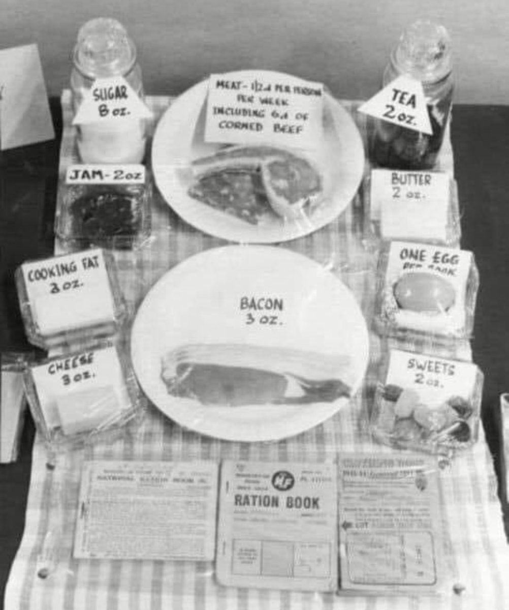 QDrop2450's tweet image. WW2 food rationing. The pic on the right illustrates a weekly ration for a single adult under the British Ministry of Foods war time regulations. While fresh produce, bread and potatoes weren't rationed, they were often in short supply. 😳