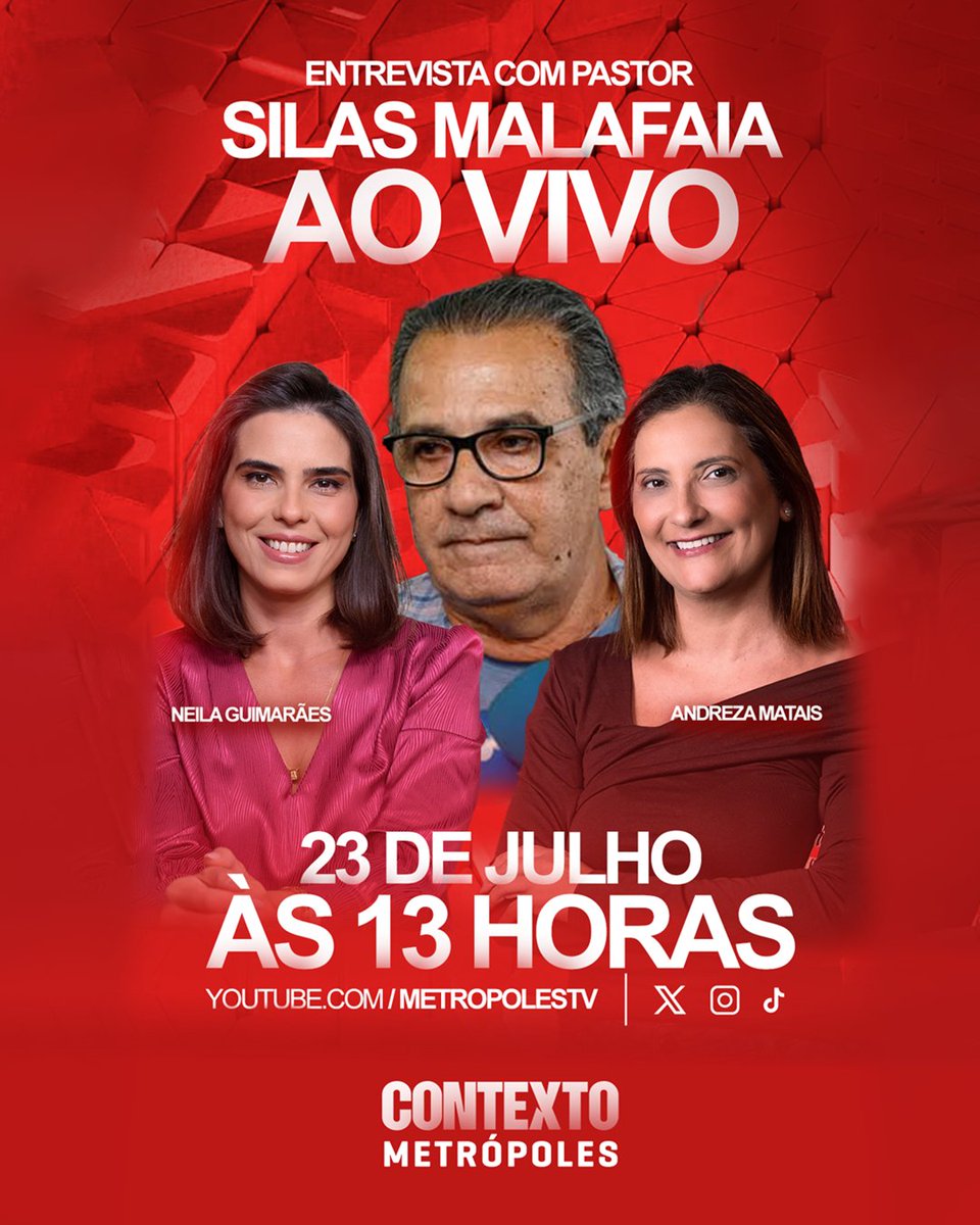 PastorMalafaia's tweet image. Imperdível! Hoje, dia 23, eu vou dar uma entrevista ao vivo para o Metrópoles, às 13h. Assista em youtube.com/metropolestv