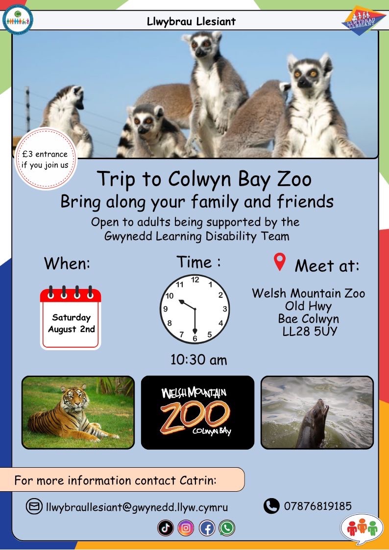 Mantell Gwynedd (@mantellgwynedd) on Twitter photo Trip to Colwyn Bay Zoo, bring along your family and friends
Open to adults being supported by the Gwynedd Learning Disability Team
<a href="/LlwybrauLl/">Llwybrau Llesiant</a> #ColwynBayZoo Trip to Colwyn Bay Zoo, bring along your family and friends
Open to adults being supported by the Gwynedd Learning Disability Team
<a href="/LlwybrauLl/">Llwybrau Llesiant</a> #ColwynBayZoo