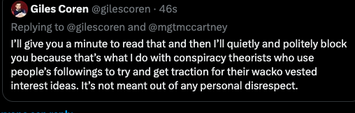 mgtmccartney's tweet image. This is how @gilescoren decides to respond to polite and evidence based challenge about him misleading men with inaccurate advice about PSA testing.
