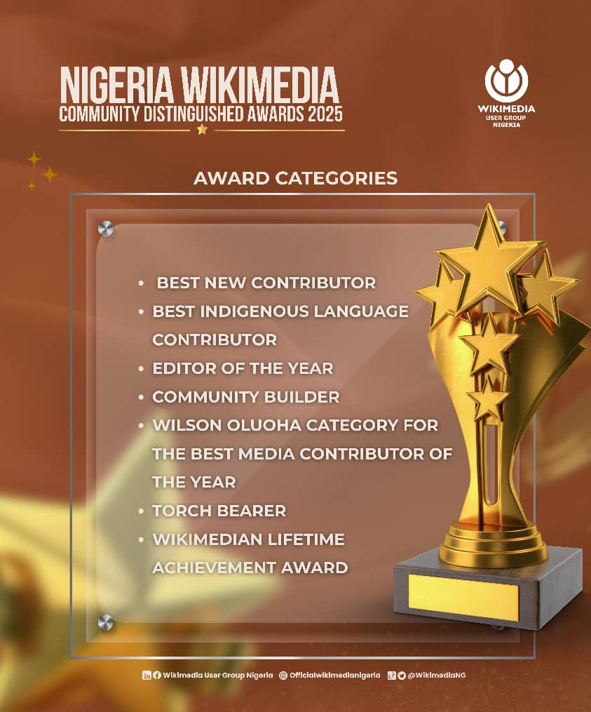 Wikimedia User Group Nigeria (@wikimediang) on Twitter photo Great News!
The Nigeria Wikimedia Community Distinguished Awards are back this September 2025
We are happy to announce the return of the Nigeria Wikimedia Community Distinguished Awards;  a special event to recognize and celebrate people doing great work on Wikimedia projects Great News!
The Nigeria Wikimedia Community Distinguished Awards are back this September 2025
We are happy to announce the return of the Nigeria Wikimedia Community Distinguished Awards;  a special event to recognize and celebrate people doing great work on Wikimedia projects