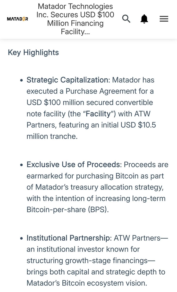btcNLNico's tweet image. 🚨JUST IN: 🇨🇦 Matador Technologies secures USD $100 Million Financing Facility to purchase more #bitcoin