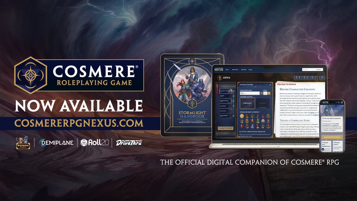 DemiplaneRPG's tweet image. The wait is over, Radiants! ⚡️
⛈️ Together with our fantastic partners at @bwisegames, we are ready to take the first step with you!
Jump in the official digital companion of the Cosmere® Roleplaying Game and make your next Radiant today!
➡️ app.demiplane.com/nexus/cosmerer…
