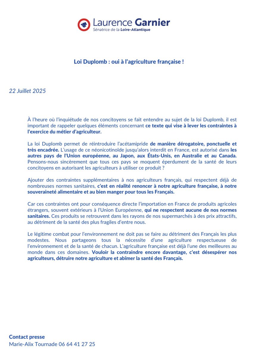 LGarnier44's tweet image. ✍🏻 Pour nos agriculteurs, pour notre agriculture, et pour la santé des Français face aux produits importés qui ne respectent aucune de nos normes sanitaires, oui à la loi Duplomb ! ⤵️