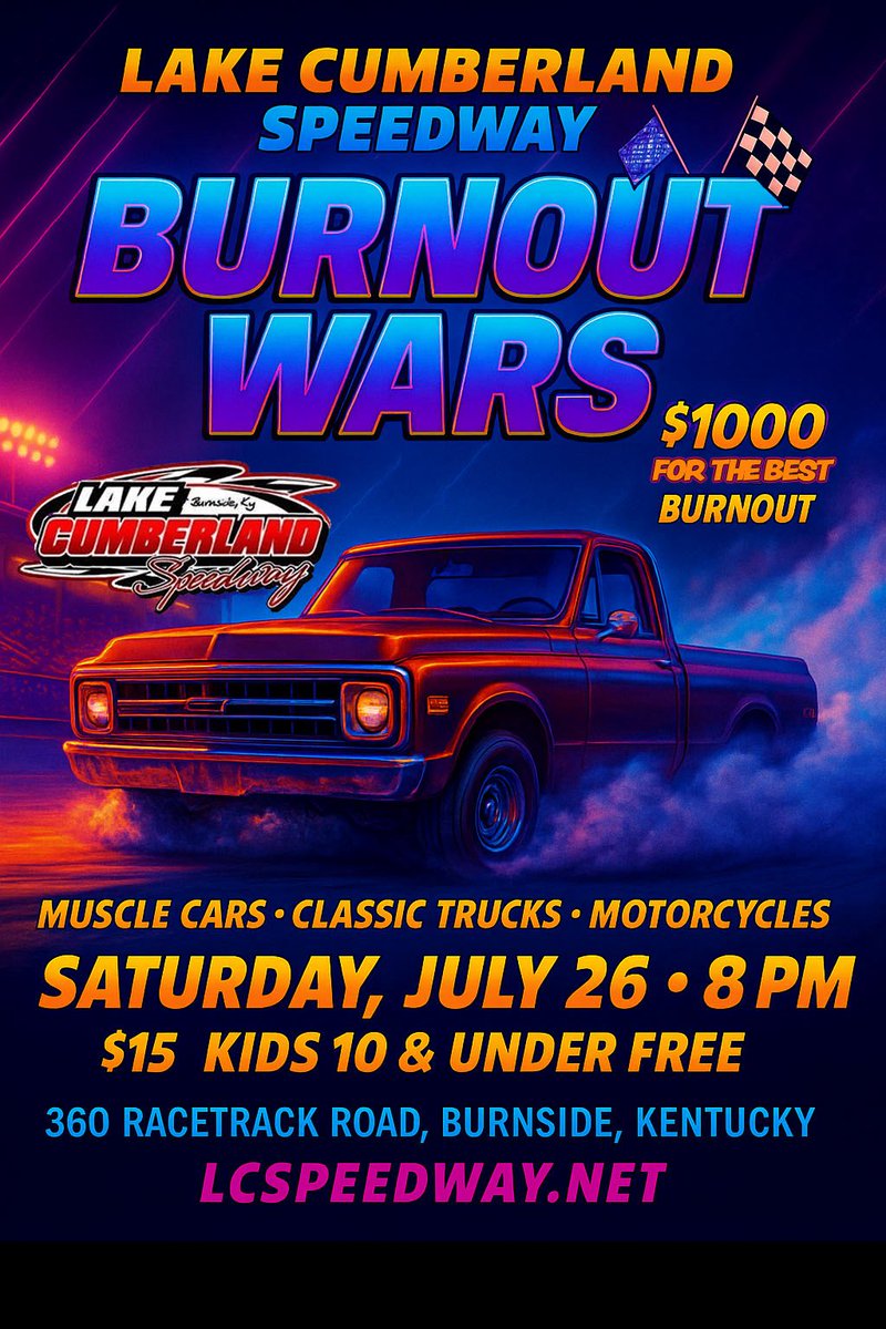 #BurnoutWars Saturday, July 26th 8pm! Bring em out, melt em down, for a chance to win $1,000! lcspeedway.net