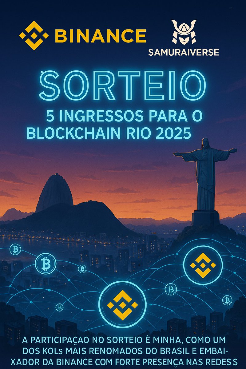 igorfreitasm_'s tweet photo. 🎟️ SORTEIO: 5 INGRESSOS para o Blockchain Rio 2025 🎉 (lembrando que o mais barato está em torno de R$300,00)

Eu e a nossa querida Binance, vamos levar 5 pessoas do SAMURAIVERSE pro maior evento cripto do Brasil!

Pra participar:
1.Siga @igorfreitasm_ e @BinanceBrasil 
2.Curta e retweete este post
3.Comente: Marcando 2 amigos respondendo  “Por que você quer ir no Blockchain Rio?”
4. Entre no SamuraiVerse, o resultado sairá lá. Link abaixo 👇🏽 

🗓 Sorteio dia 30/07 ao vivo no meu canal do Telegram → https://t.co/2n7Q0N7urw
Fiquem ligados!

A hora de viver a cripto de perto é agora. Boa sorte, Samurais! ⚔️🔥