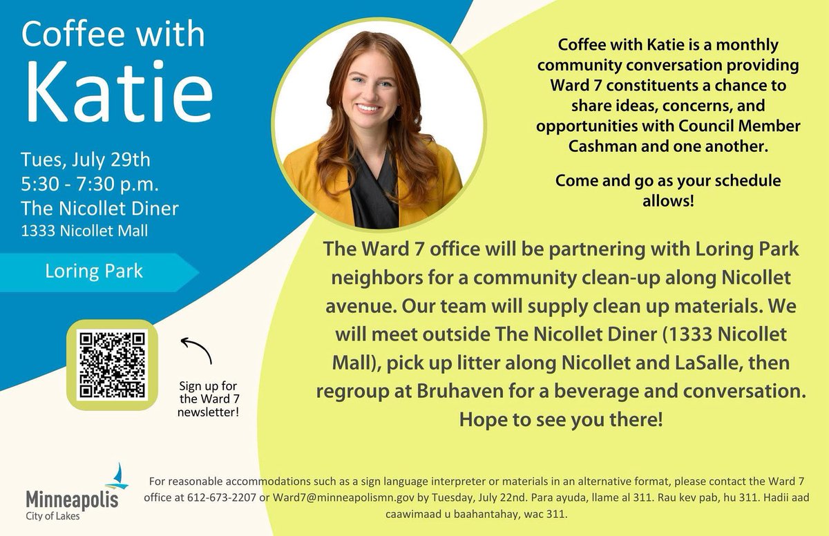 cashmanforward7's tweet image. This month’s Coffee with Katie will be a neighborhood clean up. Meet outside Nicollet Diner on Tues July 29 at 5:30pm. We will clean up Nicollet and LaSalle, then debrief at Bruhaven. We will bring clean up supplies, all you need is a comfortable outfit and your enthusiasm!