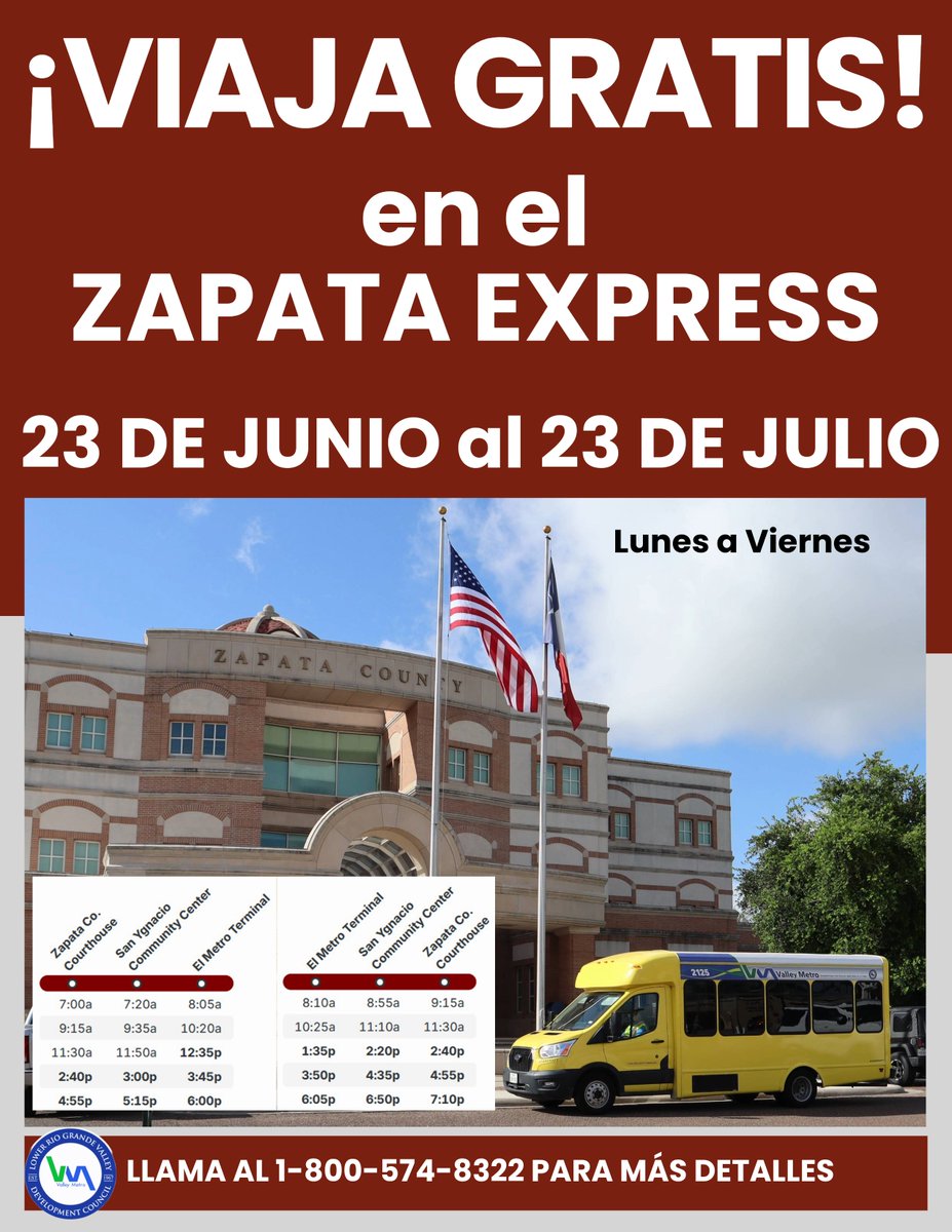 🚍 Last chance to ride the Zapata Express for FREE—today only! 🆓 Service runs 7AM–7PM, Mon–Fri, connecting Zapata, San Ygnacio &amp; Laredo. 🚌💨 Don’t miss out! #ZapataExpress #FreeRideFinalDay #ZapataCountyTransit
