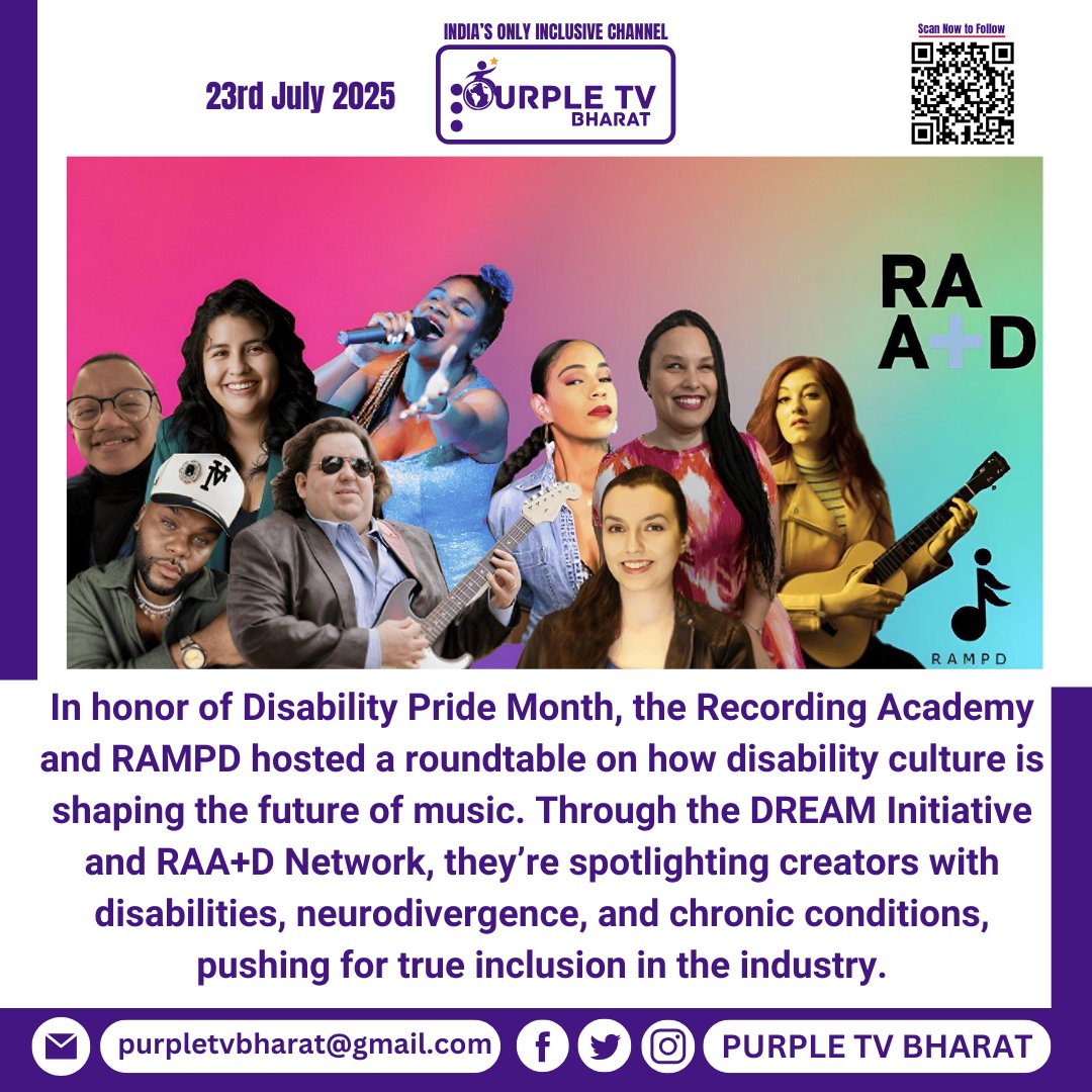 PurpleTVBharat's tweet image. 🎶Disability culture is transforming music. 🎶
This Disability Pride Month, RAMPD &amp;amp; the Recording Academy spotlight artists with disabilities through powerful conversations and the DREAM Initiative. 

#DisabilityPride #RAAD #RAMPD #InclusiveMusic #DREAMInitiative