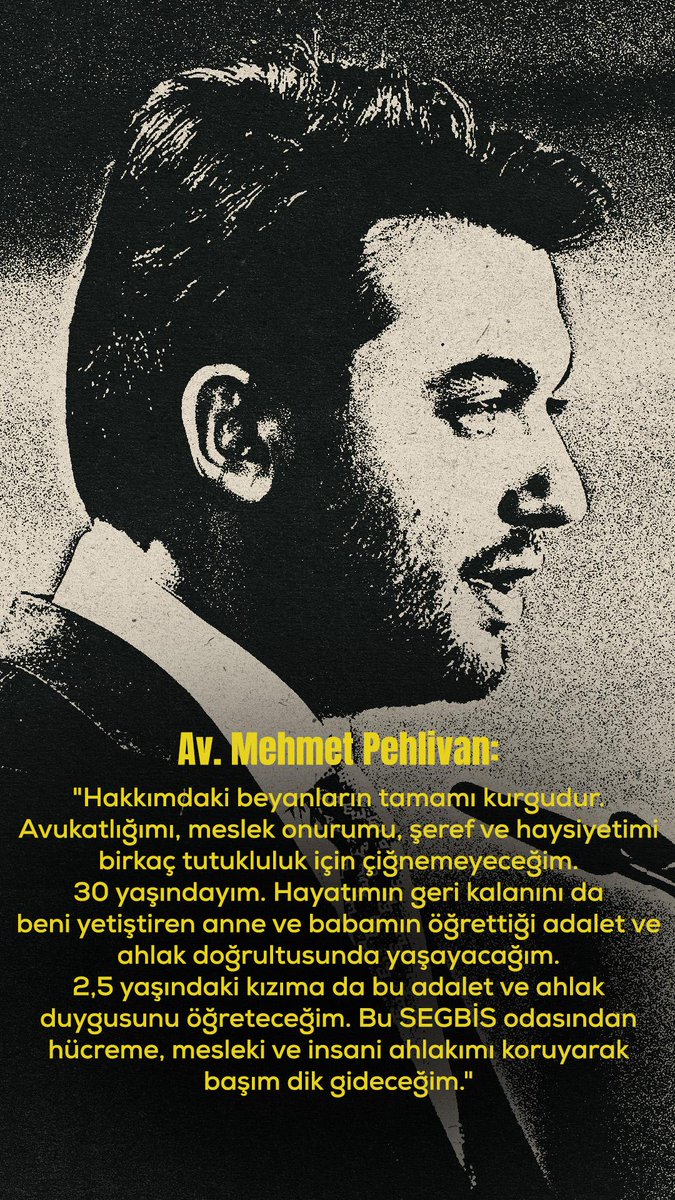 Atılan İftiraları ortaya çıkardığı için, Avukat <a href="/mehmettpehlivan/">Mehmet Pehlivan</a> 
 34 gündür #Tutsak!
Tek suçu <a href="/ekrem_imamoglu/">Ekrem İmamoğlu</a> 'nun avukatı olmak! <a href="/imamoglu_int/">Ekrem İmamoğlu (International)</a> İmamoğlu’nun savunma hakkına dahi tahammülünüz yok.
 Çünkü siz de biliyorsunuz: Ayarını bozduğunuz kantar, bir gün sizi de tartacak!