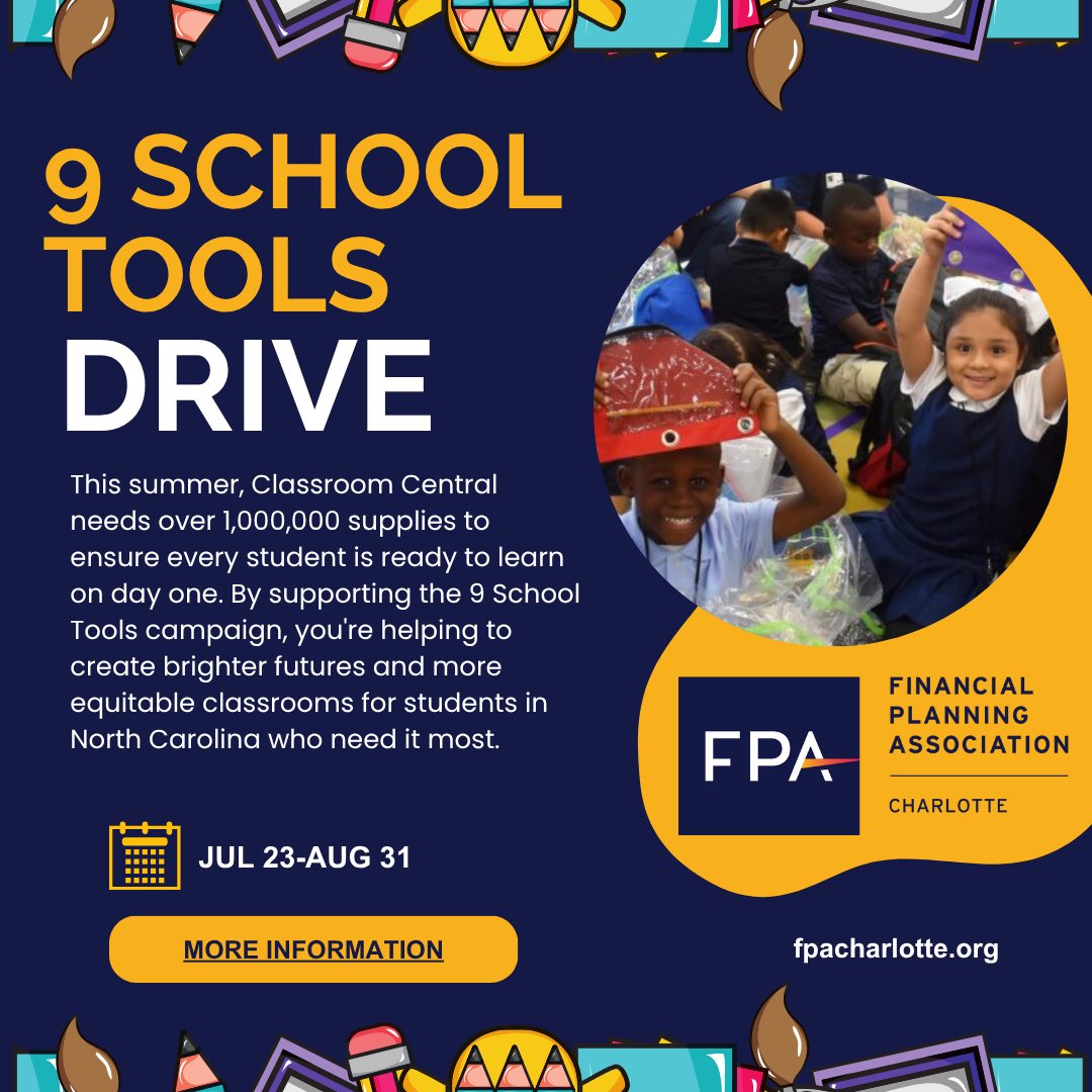 FPACharlotte's tweet photo. Without basic supplies like pencils and paper, children living in poverty face greater barriers to learning than their classmates.  Join @fpaofcharlotte for the #9schooltools supply drive and help us make a difference!  https://t.co/CFwfziZ6X8 https://t.co/ryAqJyUhXJ