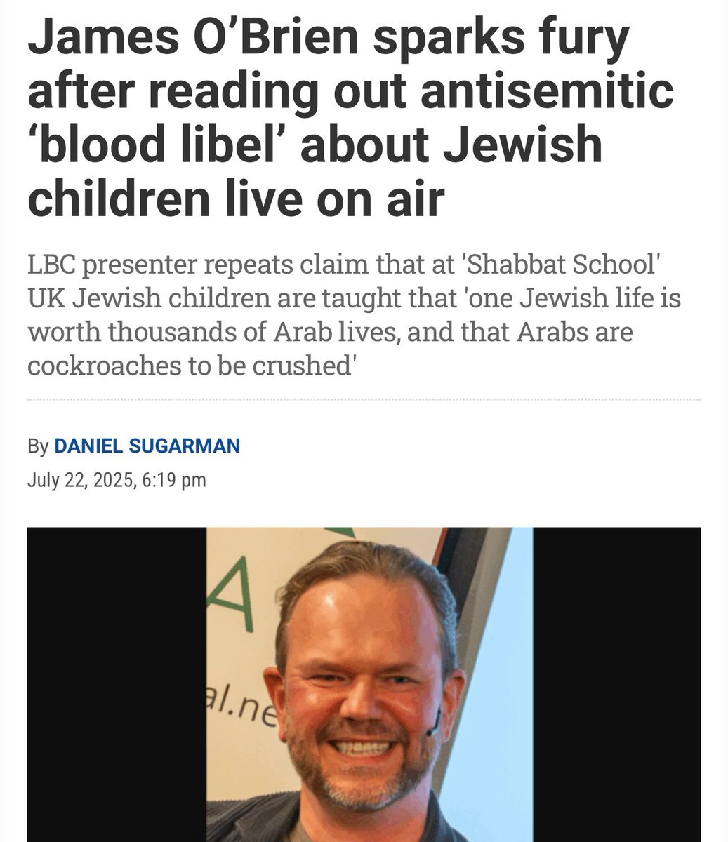 thewebbie's tweet image. _From our UK family..._
Yesterday, UK radio host James O'Brien read out a message to his 1.5 million listeners from someone claiming to have a Jewish wife. The person stated that Jewish children are taught that '_*arabs are coackroaches'*_ at their 'shabbat school'.
*Then LBC…