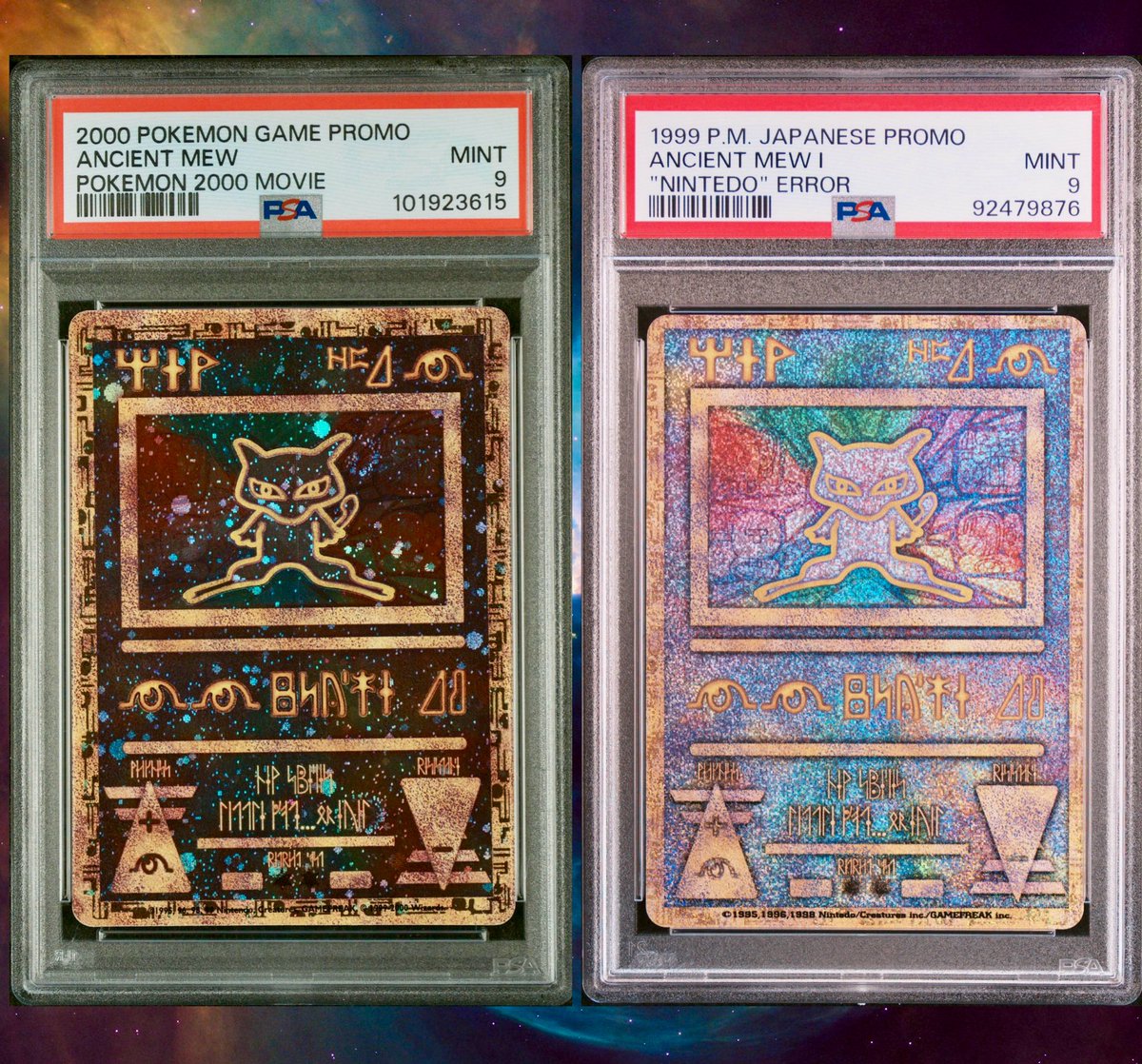 01PK4's tweet image. The iconic Ancient Mew cards—side by side in PSA 9 are now both in my collection. 🔐
On the left:
2000 Pokémon Game Promo – Ancient Mew
Given out at the Pokémon 2000 movie.
On the right:
1999 Japanese Promo – Ancient Mew I “Nintedo” Error
A true collector’s grail! 🏆
