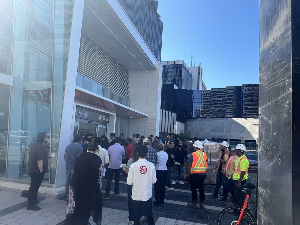 I can’t tell whether these people are having me on but there is a crowd gathered outside the new Eglinton LRT at Yonge St. and they claim to be testing as volunteers. They got a free breakfast for their heroism. Looks like an Egg McMuffin. #ttc #crosstown