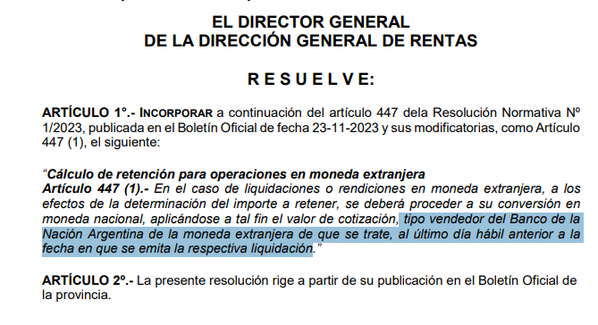NicoBoglione's tweet photo. Resolución Normativa Nº23 DGR #Cordoba
#SIRTAC
La retencion de Ingresos Brutos sobre las liquidaciones en moneda extranjera de las Tarjetas de Crédito y Compra, se convertiran al tipo de cambio vendedor del BNA del dia habil anterior a la liquidacion. https://t.co/yIYlyxlwee