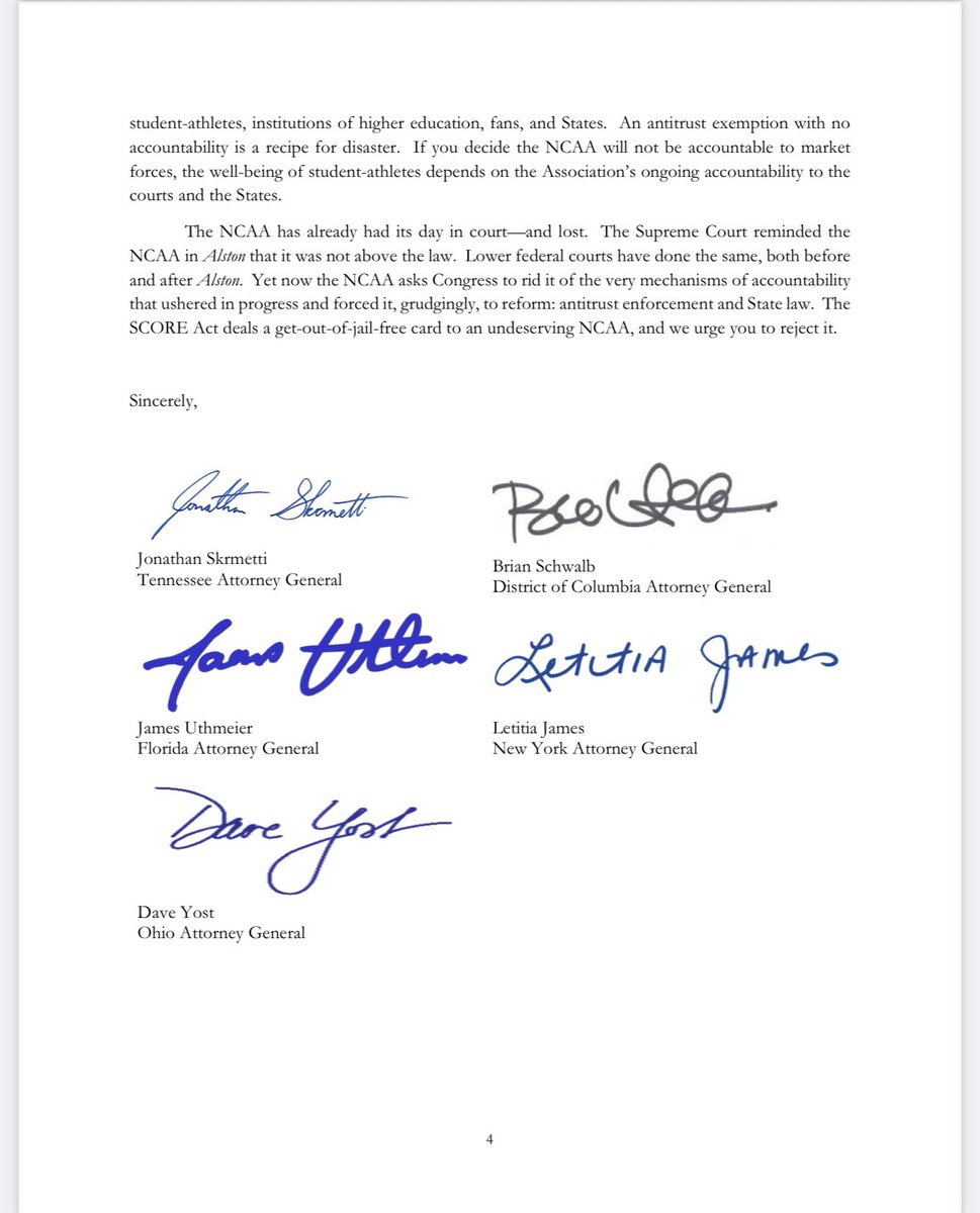 Significant.

Attorney Generals of Tennessee, New York, Ohio, DC, and Florida issue a strongly worded letter in opposition to the SCORE Act 

“The SCORE Act is a misguided effort that will enshrine in federal law the arbitrary and biased authority of the NCAA at its worst.”