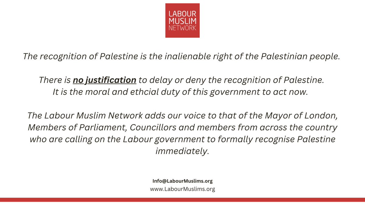 Labour Muslim Network (@labourmuslims) on Twitter photo 🇵🇸 There is no justification for delaying or denying the recognition of Palestine.
LMN has been campaigning for recognition of Palestinian statehood for nearly a decade.
Today we join <a href="/MayorofLondon/">Mayor of London, Sadiq Khan</a>, MPs, Councillors and Members to call on the government to act now. 🇵🇸 There is no justification for delaying or denying the recognition of Palestine.
LMN has been campaigning for recognition of Palestinian statehood for nearly a decade.
Today we join <a href="/MayorofLondon/">Mayor of London, Sadiq Khan</a>, MPs, Councillors and Members to call on the government to act now.
