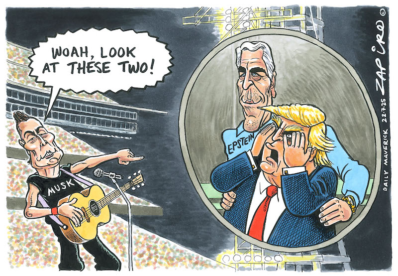 zapiro's tweet image. Zapiro cartoon published on @dailymaverick (22 July 2025) on Bust @realDonaldTrump @elonmusk @JeffreyEpstein - zapiro.com/250722dm