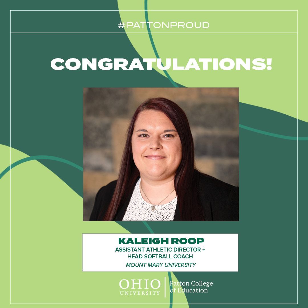 OhioCoachingEd's tweet image. Congratulations to alum Kaleigh Roop on her new job, as the Head Softball Coach AND Assistant Athletic Director at Mount Mary University.

Kaleigh graduated with a MSc in Coaching Education in May 2021.

Emulate Kaleigh and other graduates by applying now ohio.edu/education/coac…