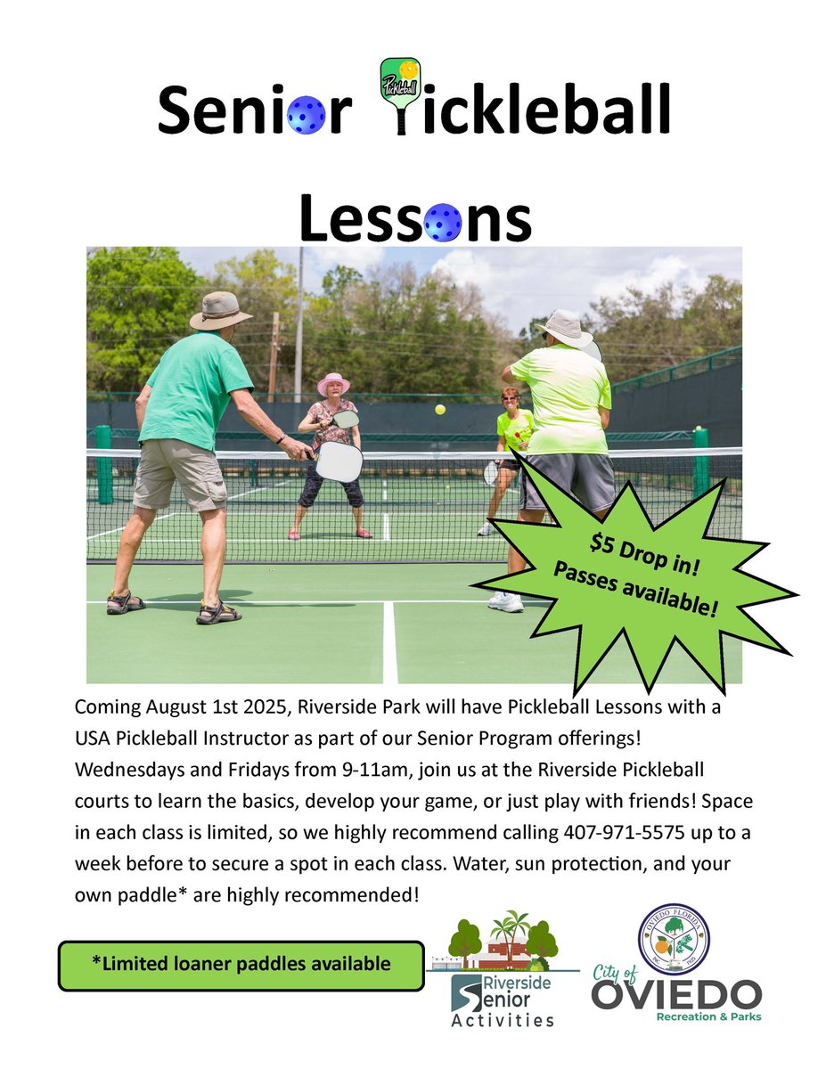 Do the words "pickled", "kitchen", "dink", or "banger" mean anything to you?  Starting August 1, we will have SENIOR ONLY pickleball lessons Wednesday and Friday from 9a-11a at Riverside Park.  The courts will be closed during this time.