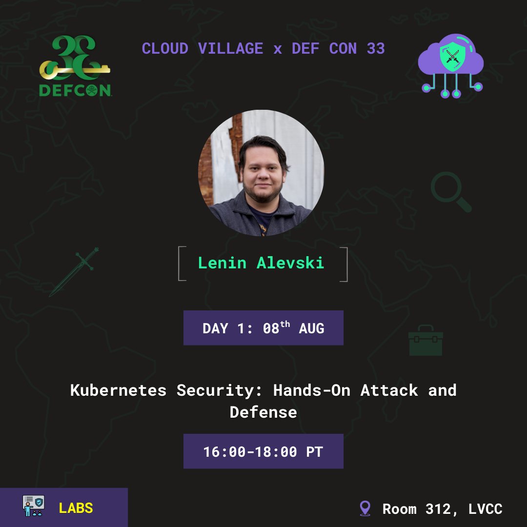 cloudvillage_dc's tweet image. ⚔️ Into real-world Kubernetes attack & defense?
Join @Alevsk at Cloud Village Labs @DEFCON 33 for:
“Kubernetes Security: Hands-On Attack and Defense” ☁️
💥 Pod escapes, misconfigs & cluster hardening
🗓️ Aug 8 | 🕓 4–6 PM PT
📍 Room 312, LVCC
🔗 forms.gle/pukvJvj5xoprwL……
