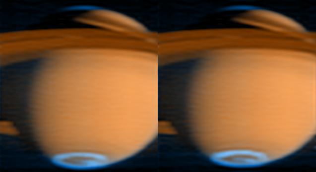 WorldAndScience's tweet image. Saturn's Aurora
The aurora at Saturn's southern pole is visible in this false-color image. Blue represents the aurora; red-orange is reflected sunlight. The image was gathered by Cassini's ultraviolet imaging spectrograph (UVIS) in 2005
Credit: NASA/JPL/University of Colorado