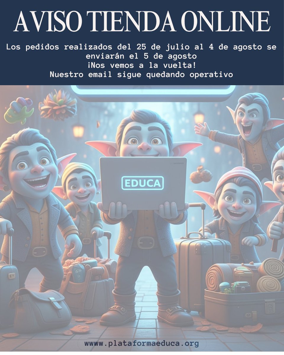 Nuestros duendes nos informan que se van de vacaciones. Haz ahora tu pedido para recibirlo esta semana. La tienda estará abierta pero los pedidos a partir del 25 de julio se enviarán el 5 de agosto. 
plataformaeduca.org/tienda/
#educación #profes #opositores #docencia #libros