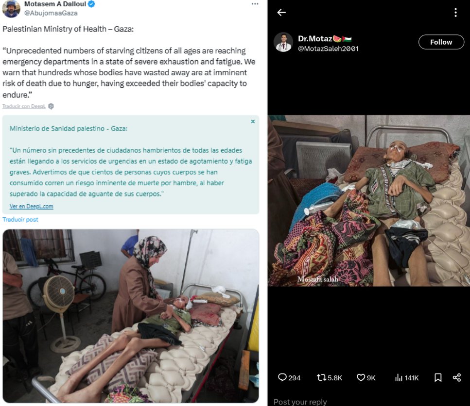 La misma imagen de 2016, de un hospital de Hodeidah (Yemen), no de Gaza, difundida por dos cuentas gazatíes diferentes, una de un "periodista" y la otra de un "doctor". 
Tiene millones de visualizaciones.
Y así todo, así siempre.
Usad el cerebro cuando veáis estas cosas en las
