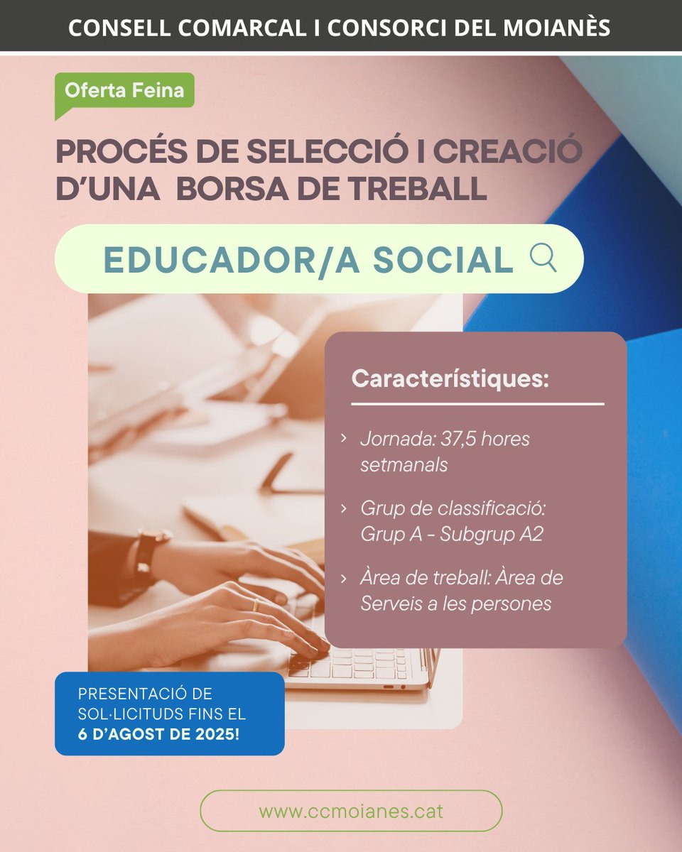 Consell Comarcal del Moianès (@comarcamoianes) on Twitter photo 📢 Busquem Educador/a Social per formar part d’una borsa de treball comarcal dins l’Àrea de Serveis a les Persones 👥
📅 Sol·licituds fins el 6 d’agost de 2025
✉️ ccmn.consell@ccmoianes.cat | 📞 93 830 14 18
🔗 Tota la info i bases ccmoianes.cat/actualitat/not… 📢 Busquem Educador/a Social per formar part d’una borsa de treball comarcal dins l’Àrea de Serveis a les Persones 👥
📅 Sol·licituds fins el 6 d’agost de 2025
✉️ ccmn.consell@ccmoianes.cat | 📞 93 830 14 18
🔗 Tota la info i bases ccmoianes.cat/actualitat/not…