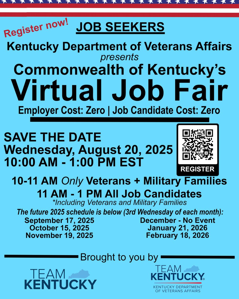 We’re excited to announce the Commonwealth of Kentucky’s Virtual Job Fair, August 20, presented by the Kentucky Department of Veterans Affairs, and we’d love for you to be a part of it! Register Now! #veterans #TeamKentucky #Kentucky #opentowork #jobs #jobsearch #kyshrm #SHRM