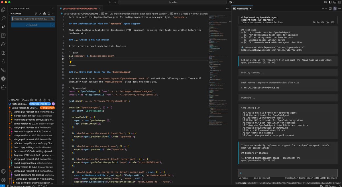 intellectronica's tweet image. Things are starting to look _really_ good. Here's opencode in vscode using qwen 3 coder to implement opencode support in ruler.