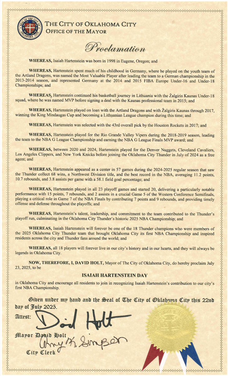 davidfholt's tweet image. ISAIAH HARTENSTEIN is one of 18 Thunder players who collectively won for OKC our first NBA Championship. All 18 will live forever in our city’s history & in our hearts. In recognition of this historic accomplishment, I hereby proclaim that today is ISAIAH HARTENSTEIN DAY in OKC!
