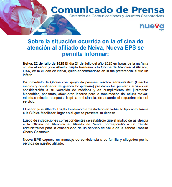 #ComunicadoDePrensa 🗞️| Sobre la situación ocurrida en la oficina de atención al afiliado de Neiva, Nueva EPS se permite informar 👇🏻:
