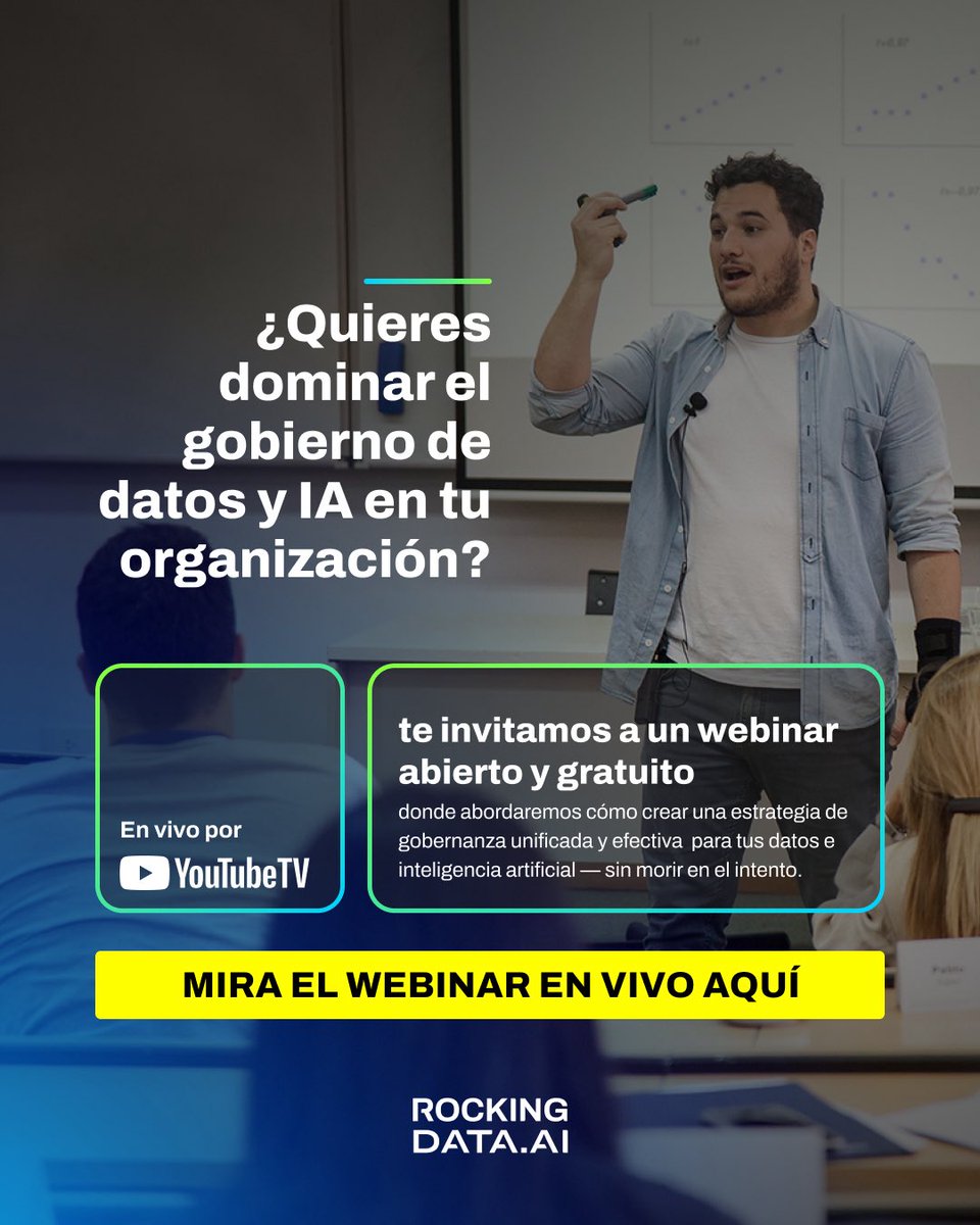 ¡Hoy es el día! 🚨

Te invitamos al webinar abierto y gratuito de RockingData:

“Gobierno de Datos y de la Inteligencia Artificial”

🧠 Cómo crear una estrategia de gobernanza unificada sin morir en el intento.

👉 Conectate gratis aquí bit.ly/3TUno3y