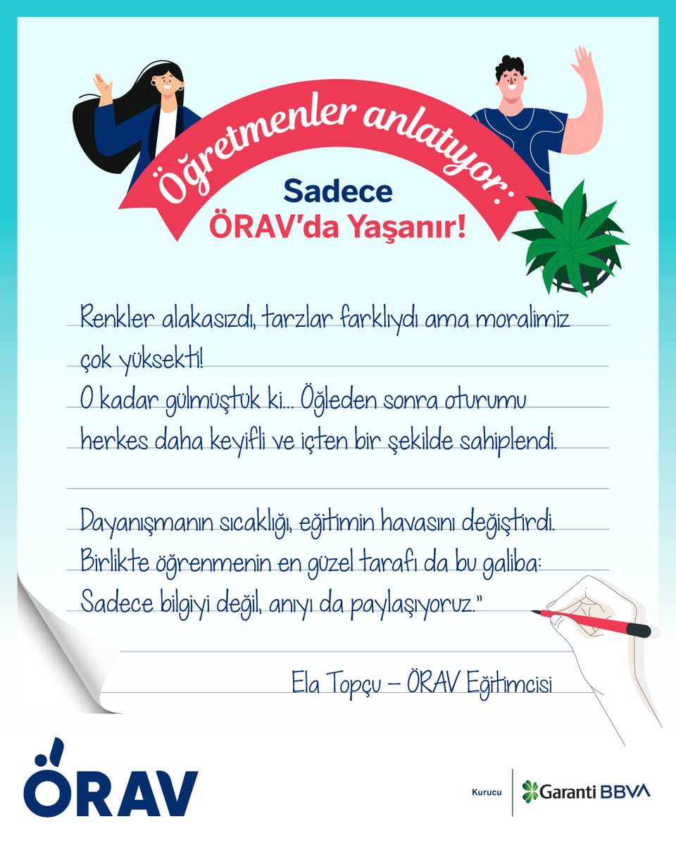 👩‍🏫 Öğretmenler Anlatıyor: Sadece ÖRAV’da Yaşanır!

Eğitim sadece bilgi aktarmak değil, bazen ıslanıp pantolon değiştirerek, bazen de hiç tanımadığın biriyle kahkahalara boğularak anı biriktirmektir.

ÖRAV Eğitimcilerinden Ela Topçu’nun aktardığı bu sıcacık hikaye gibi nice anı,