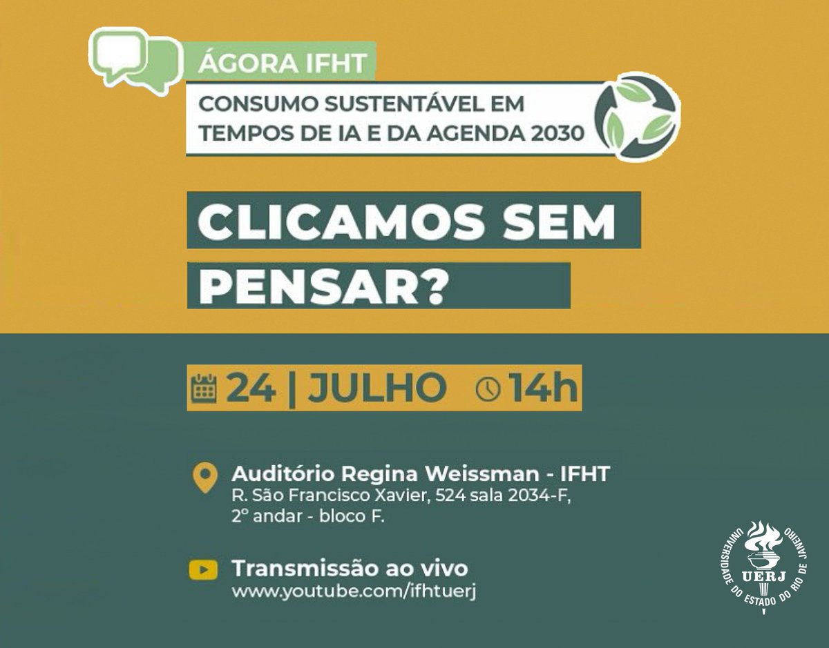 “Clicamos sem pensar?”. Esse é o tema da próxima palestra da Série Ágora, do Instituto Multidisciplinar de Formação Humana com Tecnologias. O evento acontece nesta quinta (24), às 14h, no Auditório Regina Weissmann, campus Maracanã.

Assista à transmissão: youtube.com/watch?v=JgjsVz…