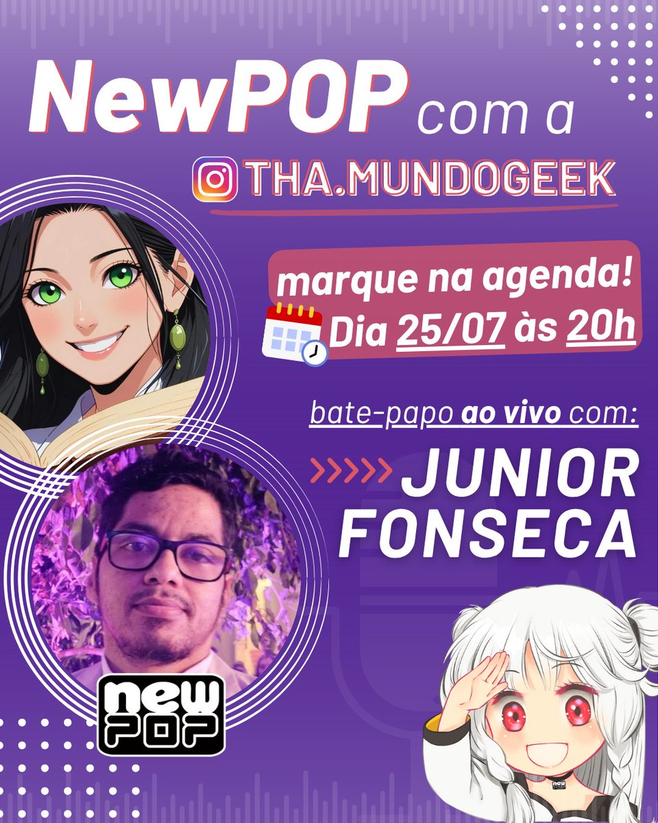 editoranewpop's tweet image. Já estão sabendo? No dia 25 de julho (sexta-feira), às 20h, o nosso chefe, Junior Fonseca, vai participar de um bate-papo super descontraído, para falar sobre a NewPOP Editora, curiosidades do mundo editorial e o que está por vir no futuro da editora!
A live vai acontecer no…