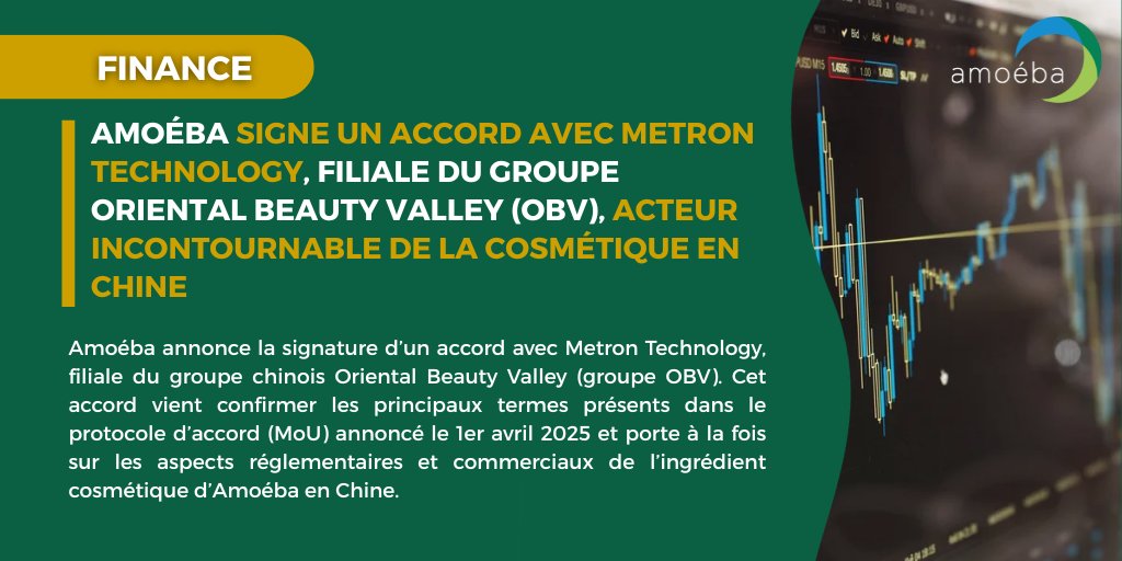 🚨 Amoéba signe un accord stratégique avec Metron Technology (groupe OBV) pour accélérer l’homologation &amp; la distribution de son ingrédient cosmétique en Chine 🇨🇳

Une étape clé vers le 2e marché mondial de la beauté ✨

 👉Lien vers le CP : bit.ly/3TUt65u

#Cosmétique
