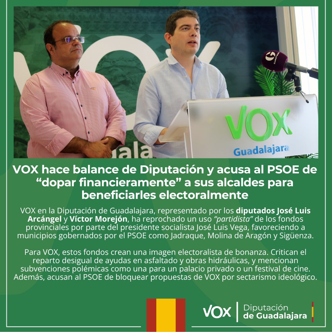 VOX Guadalajara (@vox_guadalajara) on Twitter photo 🟢 VOX hace balance de Diputación y acusa al PSOE de “dopar financieramente” a sus alcaldes para beneficiarles electoralmente
🗣️ <a href="/JoseLArcangel/">José Luis Arcángel</a> y <a href="/VictorJMorejon/">Víctor Morejón</a>
👉 voxespana.es/noticias/vox-h… 🟢 VOX hace balance de Diputación y acusa al PSOE de “dopar financieramente” a sus alcaldes para beneficiarles electoralmente
🗣️ <a href="/JoseLArcangel/">José Luis Arcángel</a> y <a href="/VictorJMorejon/">Víctor Morejón</a>
👉 voxespana.es/noticias/vox-h…