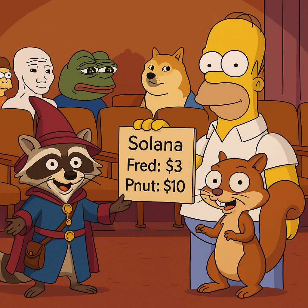 BohamdanSol's tweet image. 🚀 In the heart of the meme world, legends rise!
🍺 Homer stands proud — with the classy raccoon $fred on the left, and the squirrel $pnut on the right.
🔥 Solana leads the way, and the prices say it all:
$fred: $3 🦝💎 | $pnut: $10 🐿️🥜