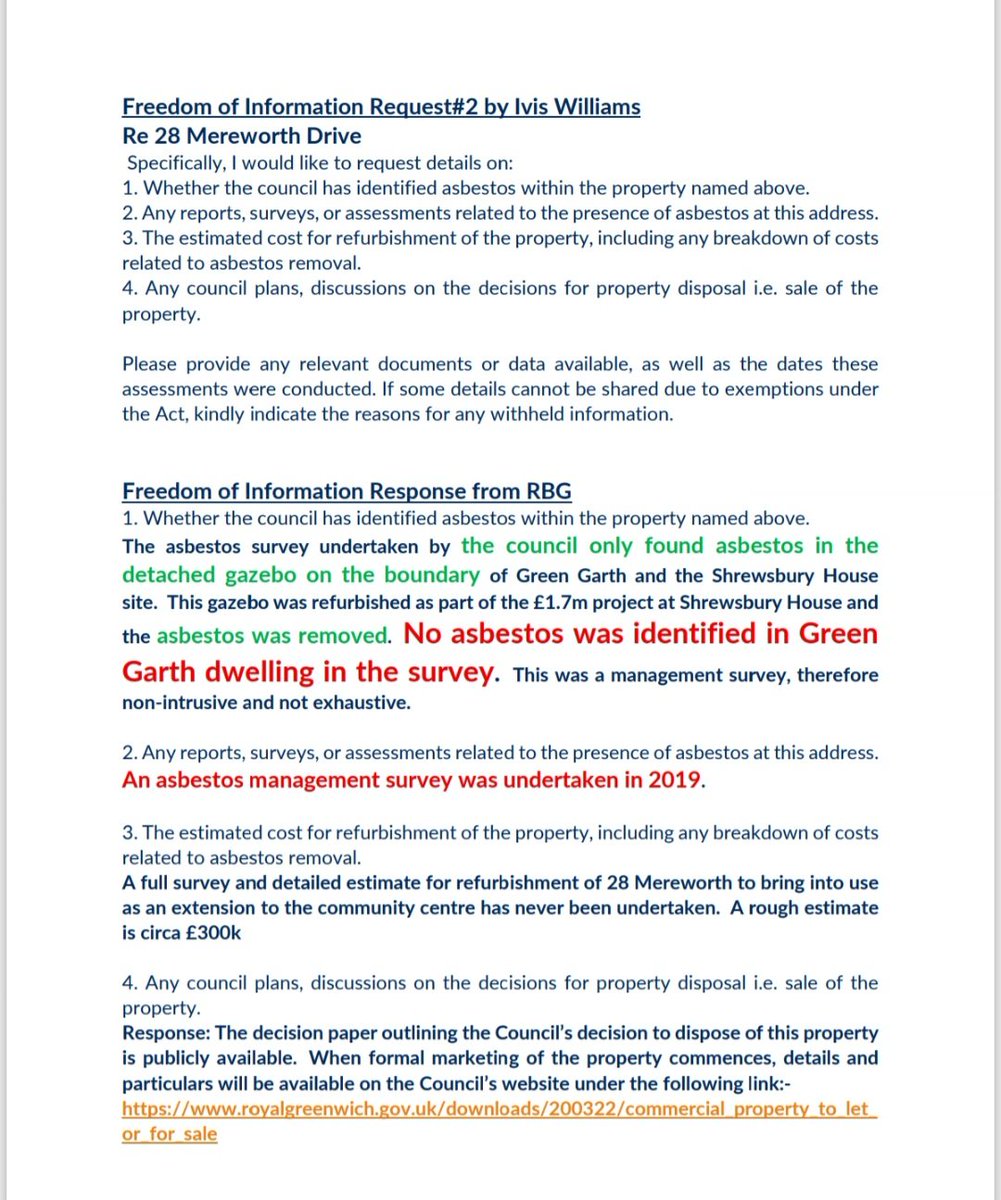 Ivis Williams (@iviswill) on Twitter photo I submitted two Freedom of Information Requests to verify <a href="/Royal_Greenwich/">Royal Borough of Greenwich</a> responsibility for the building's structural integrity of <a href="/ShrewsburyHse/">Shrewsbury House</a> and to clarify the claim about #asbestos in #GreenGarth 28 Mereworth Drive, see Council responses 👇 I submitted two Freedom of Information Requests to verify <a href="/Royal_Greenwich/">Royal Borough of Greenwich</a> responsibility for the building's structural integrity of <a href="/ShrewsburyHse/">Shrewsbury House</a> and to clarify the claim about #asbestos in #GreenGarth 28 Mereworth Drive, see Council responses 👇