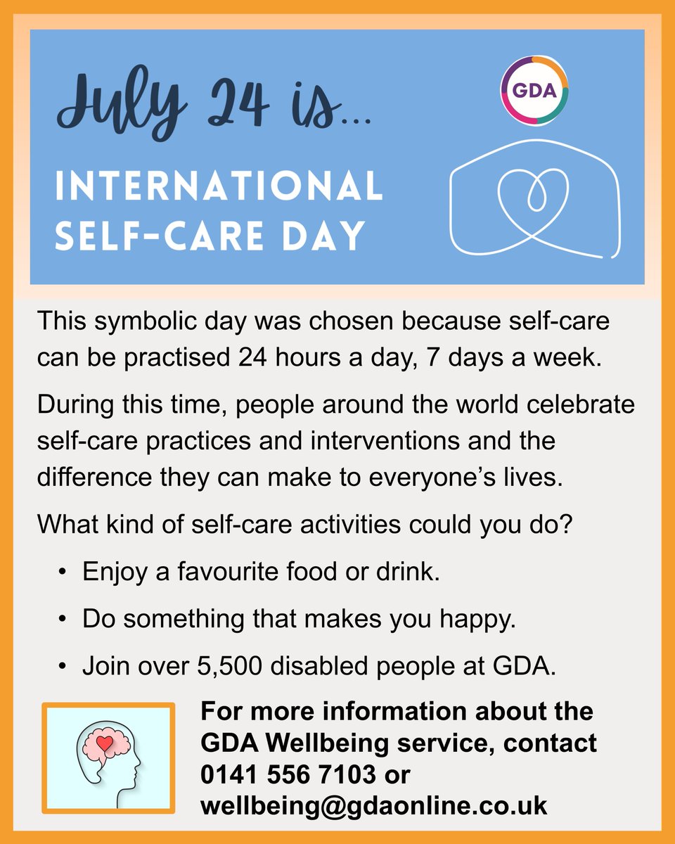 GDA__online's tweet image. Today is #InternationalSelfCareDay.

During this time, people around the world celebrate self-care practices and interventions and the difference they can make to everyone’s lives.

For more information about #GDAWellbeing, contact 0141 556 7103 or wellbeing@gdaonline.co.uk