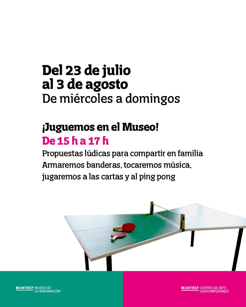 ¡#VacacionesdeInvierno en el MUNTREF Sede #HoteldeInmigrantes!  Del miércoles 23 de julio al domingo 3 de agosto, invitamos a todas las familias a compartir arte, juegos e historias.

La entrada y todas las actividades son gratuitas y sin inscripción. 

¡Todas y todos invitados!