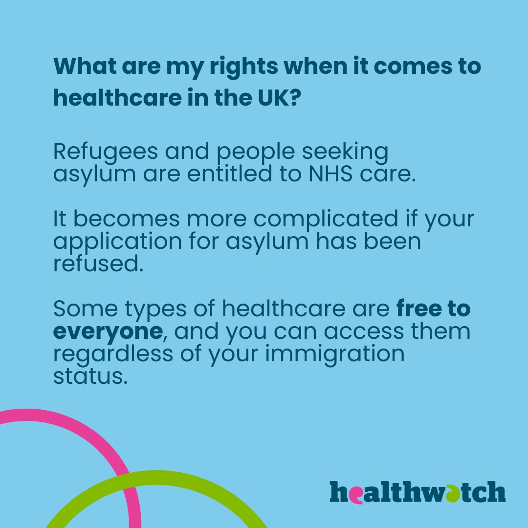 HealthwatchE's tweet image. Refugees and people seeking asylum are entitled to NHS care. Read our advice article to find out how refugees can access NHS care and what services they're entitled to. bit.ly/456gE7T