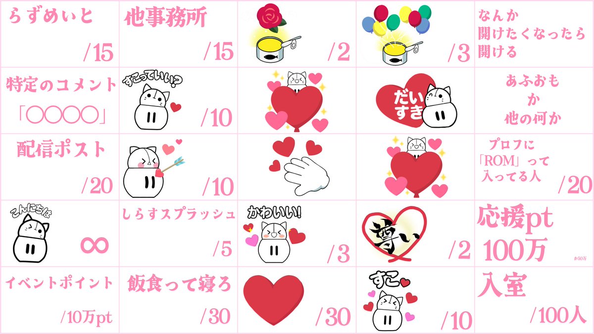 ennenn1111's tweet image. 絶対夜中にやるの絶対間違ってるけど
がんばるパネル🫨🫨🫨⬇️

・ラブカテギフトがいっぱい
・しらすすぷぷぷぷらっしゅ
・らずめいと
・他事務所
・プロフにROMって入ってる人