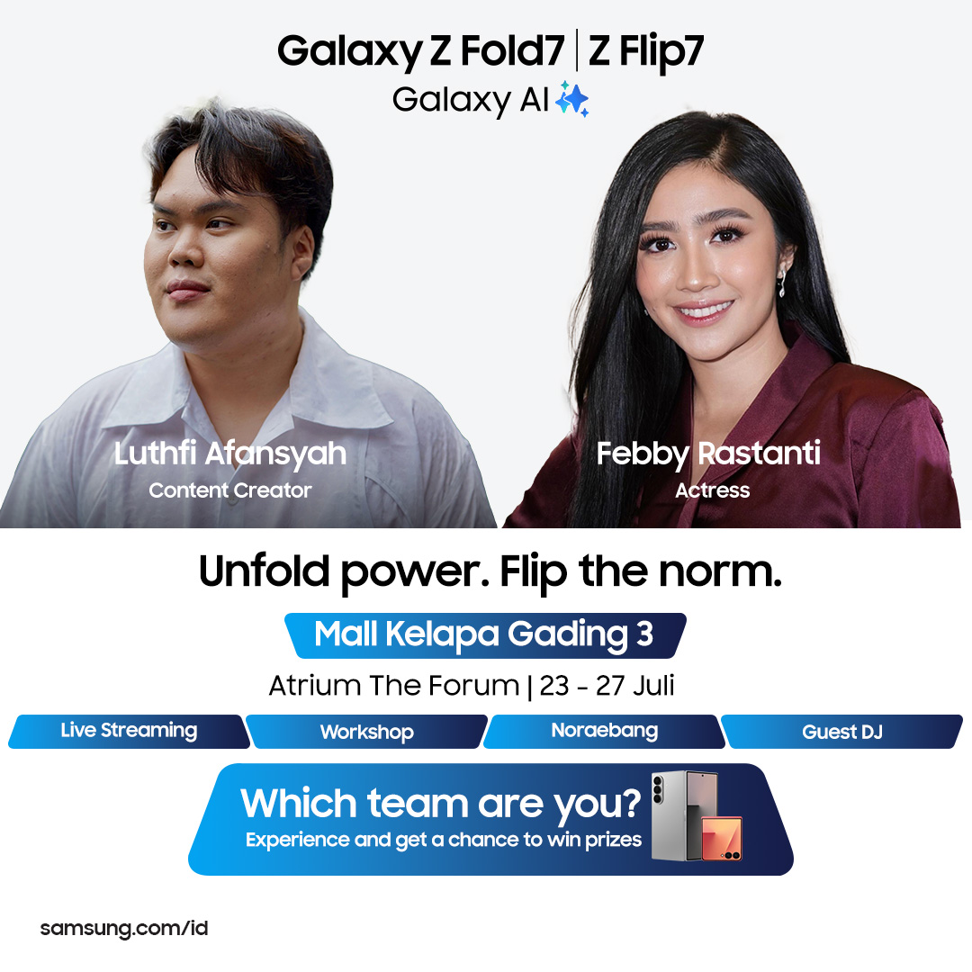 samsungID's tweet image. Mention bestie kamu untuk pergi ke Galaxy Studio di Mall Kelapa Gading 3! 🤩
Ayo hands-on #GalaxyZFold7 #GalaxyZFlip7 bareng Lutfhi dan Febby! Ada benefit hingga Rp12.3 jutaan + gratis proteksi 3 tahun untuk kamu yang pre-order! See ya! 👋
#UnfoldPowerFlipTheNorm…