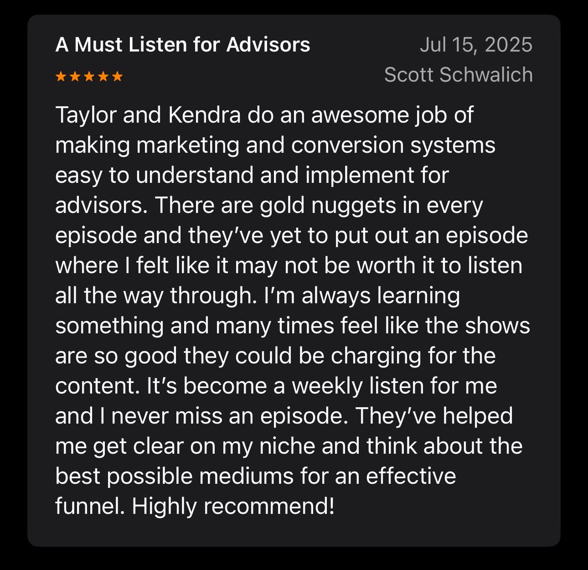 Shout out to all the advisors listening to my podcast with <a href="/DefineFinancial/">Taylor Schulte, CFP®</a> “Advisor Marketing Made Simple.” 

A quick review means a lot to let us know you are listening, what you enjoy most, and what makes the show stand out to you. 

🙏